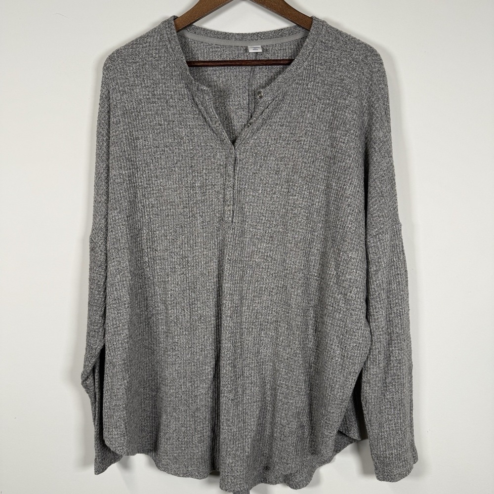Old Navy Women's Waffle Knit Long Sleep Oversized Thermal Shirt Gray Size XXL